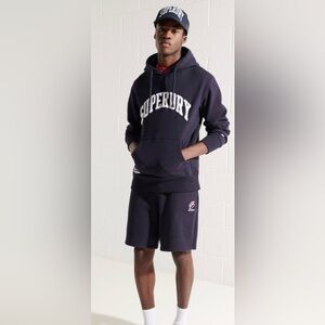 Superdry Varsity Arch Mono Hoodie for Men, Relaxed Fit Deep Navy Size S